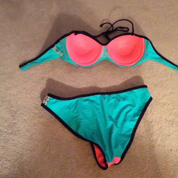 Tinibikini Multicolor Turquoise/Peach Mesh Black Trim Two-Piece Swimsuit Size L - Picture 2 of 4